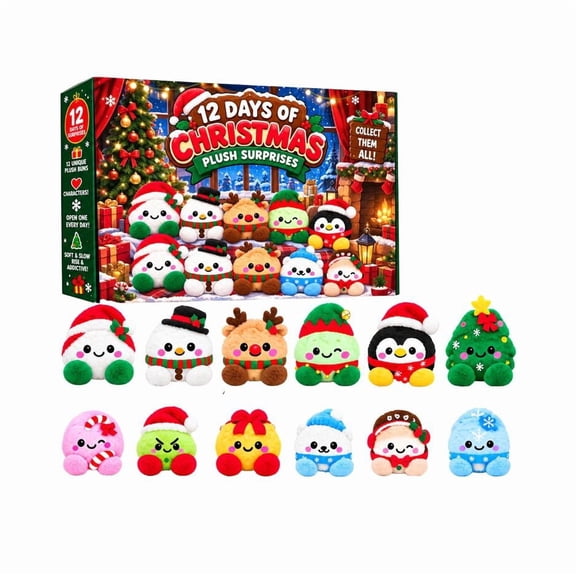 2026 Christmas Plush Advent Calendar, 12 Days of Surprises, 12Pcs Mini Stuffed Christmas Plushies, Countdown Calendar with Santa Snowman Reindeer, Holiday Gift for Kids Toddlers Party Favor