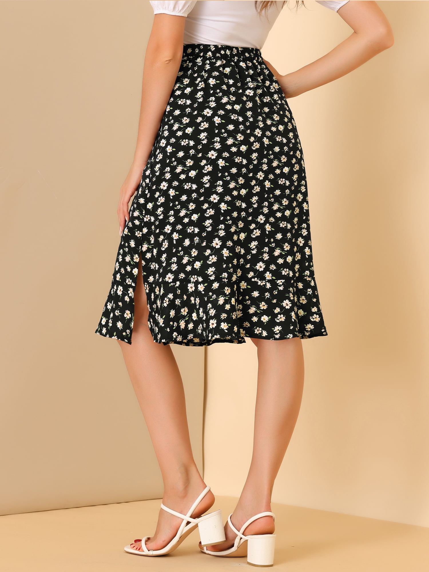 DARING DIVA Women's Floral Ruffle Hem Elastic Back Split Skirt XS Black