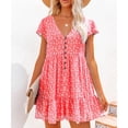 thumbnail image 2 of Vestido de manga corta con cuello en V para mujer, vestido con botones en la parte delantera, estampado floral, vestido informal suelto de verano, rojo L, 2 of 5