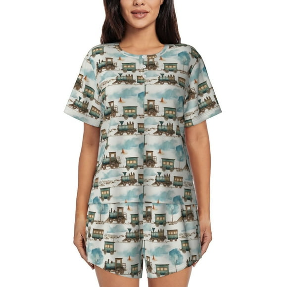 Balery Transport Train Conjunto de Pijama para Mujer con Estampado, Dos Piezas de Manga Corta y Shorts, Ropa de Dormir Suave con Cuello Redondo y Bolsillos-Medium