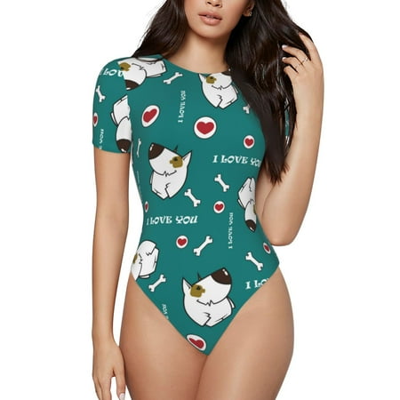 Luyuia Love Dog Print Women s Short Sleeve Bodysuit  Round Neck Design  Comfortable Bodysuit Onesie for Adults or Pajamas-XX-Large