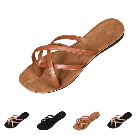 Flat Sandals for Women Casual Summer Open Toe Flip Flops Slides Beach Dress Shoes | Brown US Size 7.5