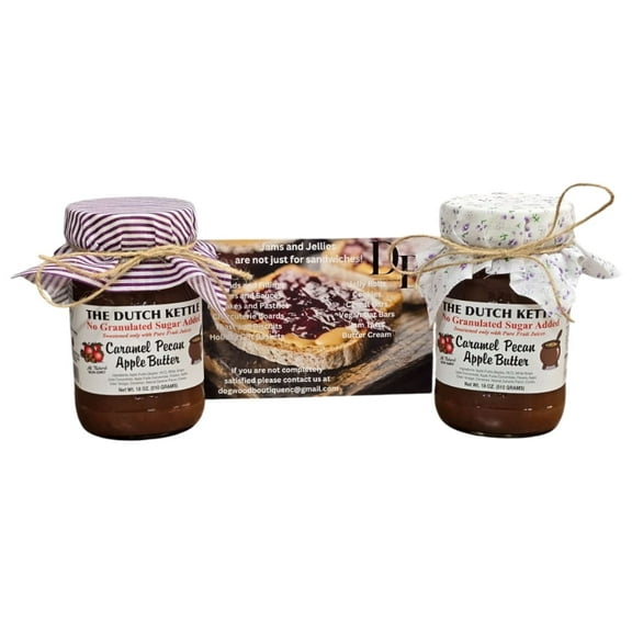 Dutch Kettle Homestyle Caramel Pecan Apple Butter No Sugar Added 2-18 Oz Jars With Fabric Toppers