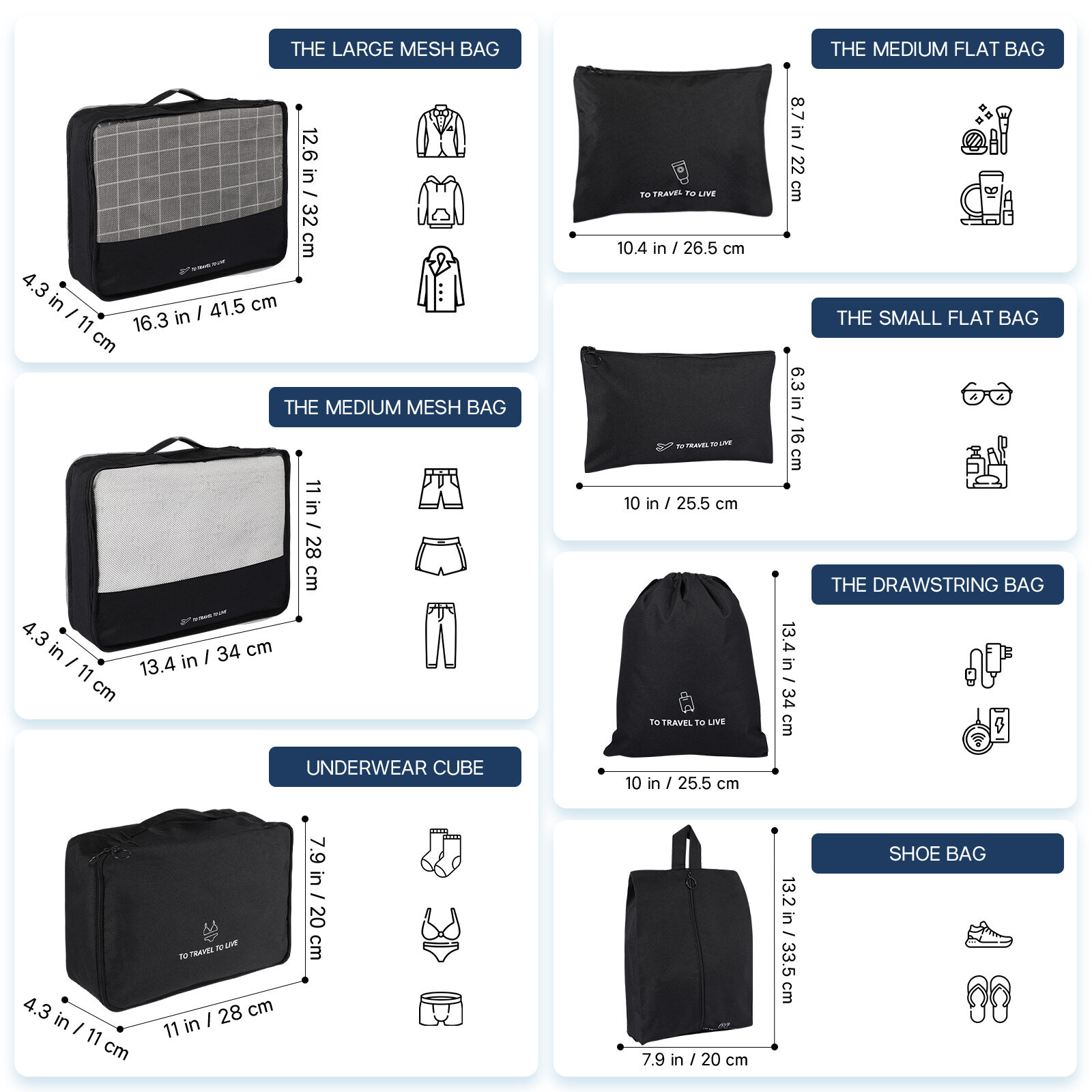 ETEREAUTY Packing Cubes Black Travel Storage Bags for Suitcase Organizers