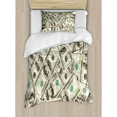 Money Duvet Cover Set Twin Size, Heap of Dollars Pattern Currency Pile with Ben Franklin Portrait Wealth Theme, 2 Piece Bedding Set with 1 Pillow Sham, Pale Green Grey, by