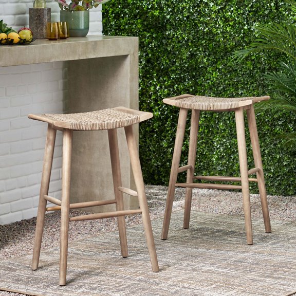 Lanier Acacia Wood Outdoor Barstool with Wicker, Set of 2, Light Brown and Light Multi-Brown