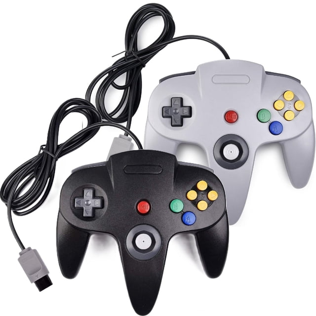 RetroFam Paquete de 2 Controladores de Joystick de Videojuego con Cable Nintendo 64 N64, Negro y Gris