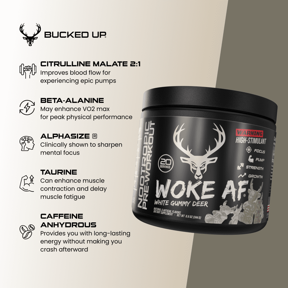 Bucked Up Woke AF Pre-Workout Powder, Increased Energy, White Gummy Deer, 333 mg Caffeine, 20 Servings