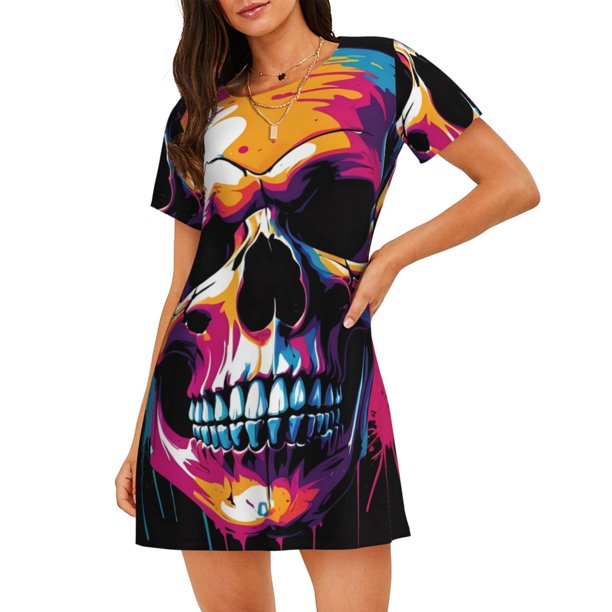 Easygdp Colorful Skull Camisón de manga corta para mujer, informal, estampado