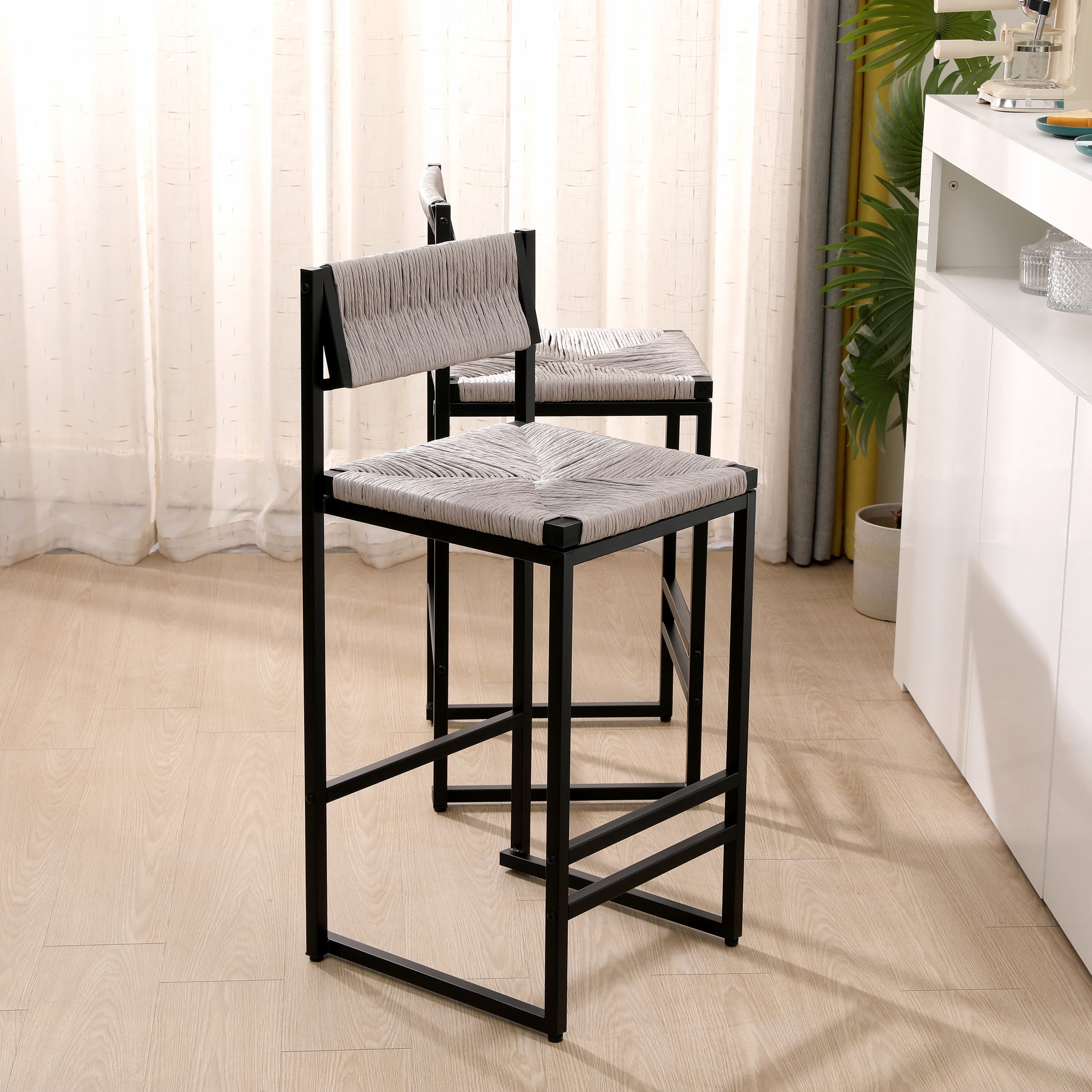 MAYEERTY Gray Handwoven Bar Stools Set of 2 - with Back, Paper Rope Woven for Kitchen/Home/Office