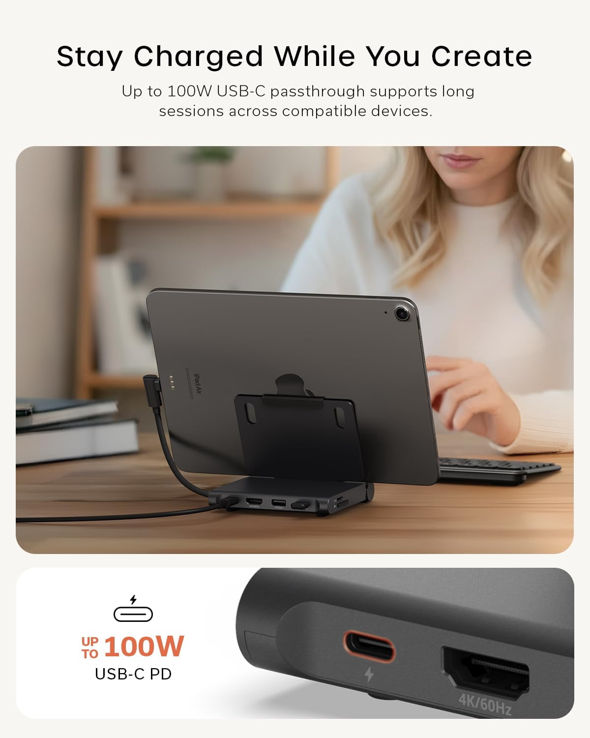 Satechi USB-C Foldable Stand Hub with 4K@60Hz HDMI, 100W Power Delivery, 10Gbps USB-C & USB-A, SD/microSD, for Tablets, Laptops & Smartphones Up to 13-inch, Space Black