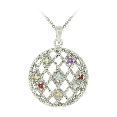 - Sterling Silver Multi Gemstones & Diamond Accent Weave Pattern Circle Pendant