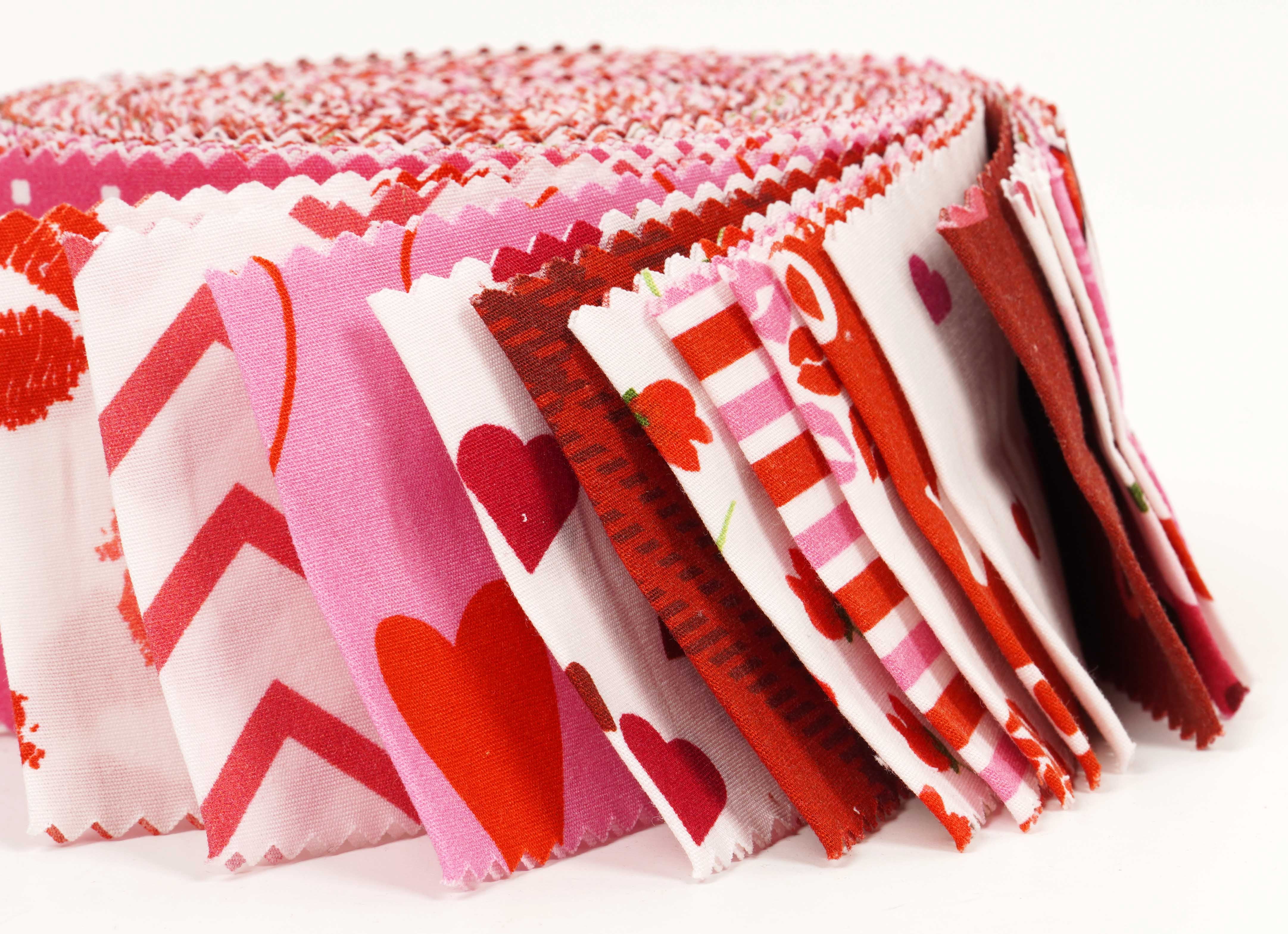 Soimoi 40Pcs Valentine Print Cotton Precut Fabrics For Quilting Craft Strips 2.5x42 inches Jelly Roll - Pink-White & Red