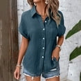 thumbnail image 5 of ORT Womens Button up Linen Shirt Short Sleeve Shirts Summer Fashion Cotton Linen Shirt Top Blouses with Pocket(Navy,M), 5 of 8