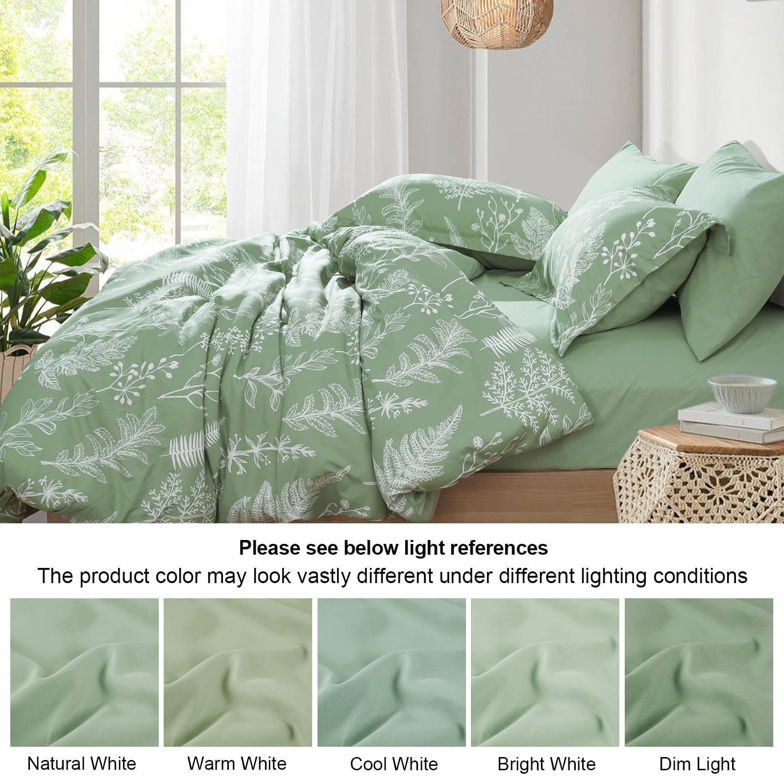 PHF 3 Pieces Printed Comforter Set King Size, Lightweight Botanical Floral Bed in a Bag, Ultra Soft Bedding Set with 1 Reversible Comforter and 2 Pillow Shams, Sage Green