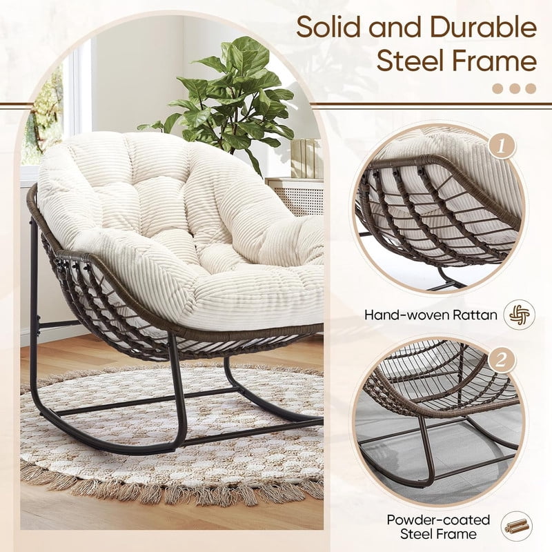 Outdoor Rattan Rocking Chair, Rocking Papasan Chair with Thick Cushion, Comfy Wicker Egg Chairs Lounge Recliner Chair, Padded Cushion Rocker