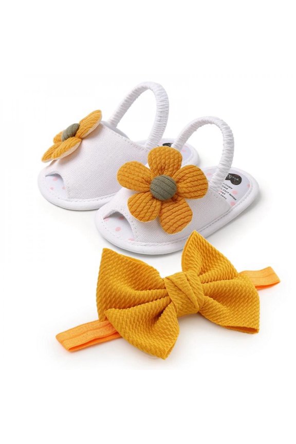Newborn Kids Girls Sandals Shoes Cute Flower Breathable Anti-Slip Summer Shoes Sandals+ Bow Headband 0-18M