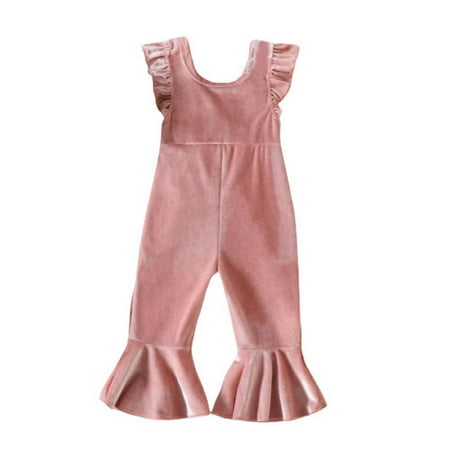 

Clearance Sale Toddler Baby Kids Girls Solid Color Jumpsuit Ruffles Overalls Trousers Flared Length Romper 18-24 Months