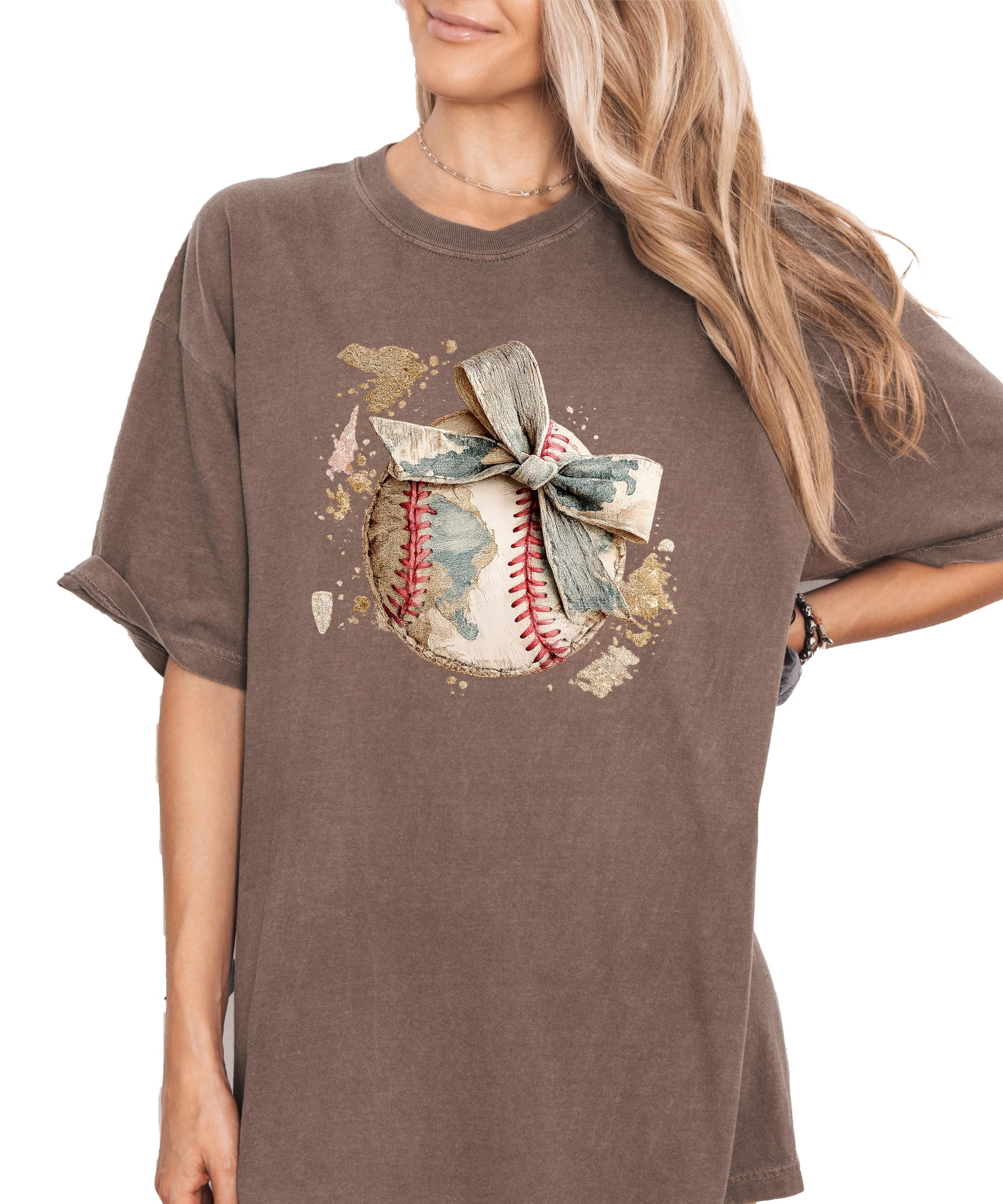 Cute Baseball Bow Shirt for Women - Coquette Game Day Tee - Trendy Sports Mom T-Shirt Espresso Shirt Adult Medium