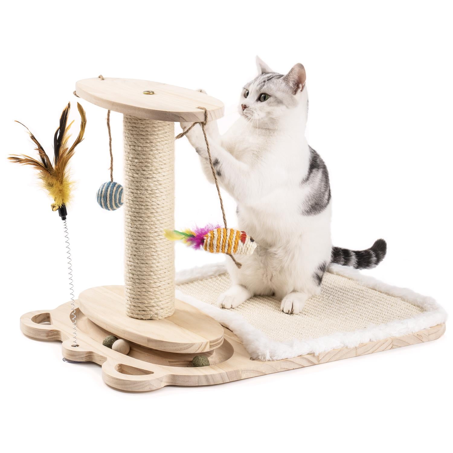 Pefilos 21 Inch Pets Cat Scratching Post Cat Scratcher Toy with Feather Stick and Mat Wooden 1-Layer Cat Turntable with 5 Interactive Balls and Dangling Ball Cat Toy, Beige Pefilos 21 Inch Pets Cat Scratching Post Cat Scratcher Toy with Feather Stick and Mat Wooden 1-Layer Cat Turntable with 5 Interactive Balls and Dangling Ball Cat Toy, Beige