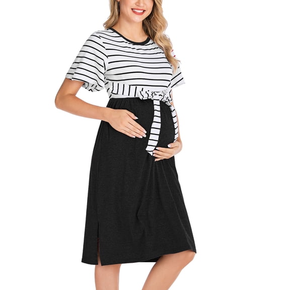 jobturf Maternity Dress for Women Trendy Striped Side Slit Short Sleeve Dresses Summer Casual Loose Nightgown Pregnancy Clothes S-XXL