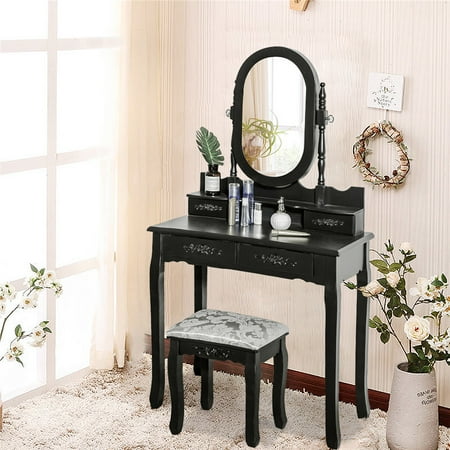 Girls Bedroom Vanity Set Vanity Set with Jewelry Cabinet 2 in 1, Cushioned Stools Mirror and 4 Drawers Bedroom Table Chair Set for Girls, Black ()