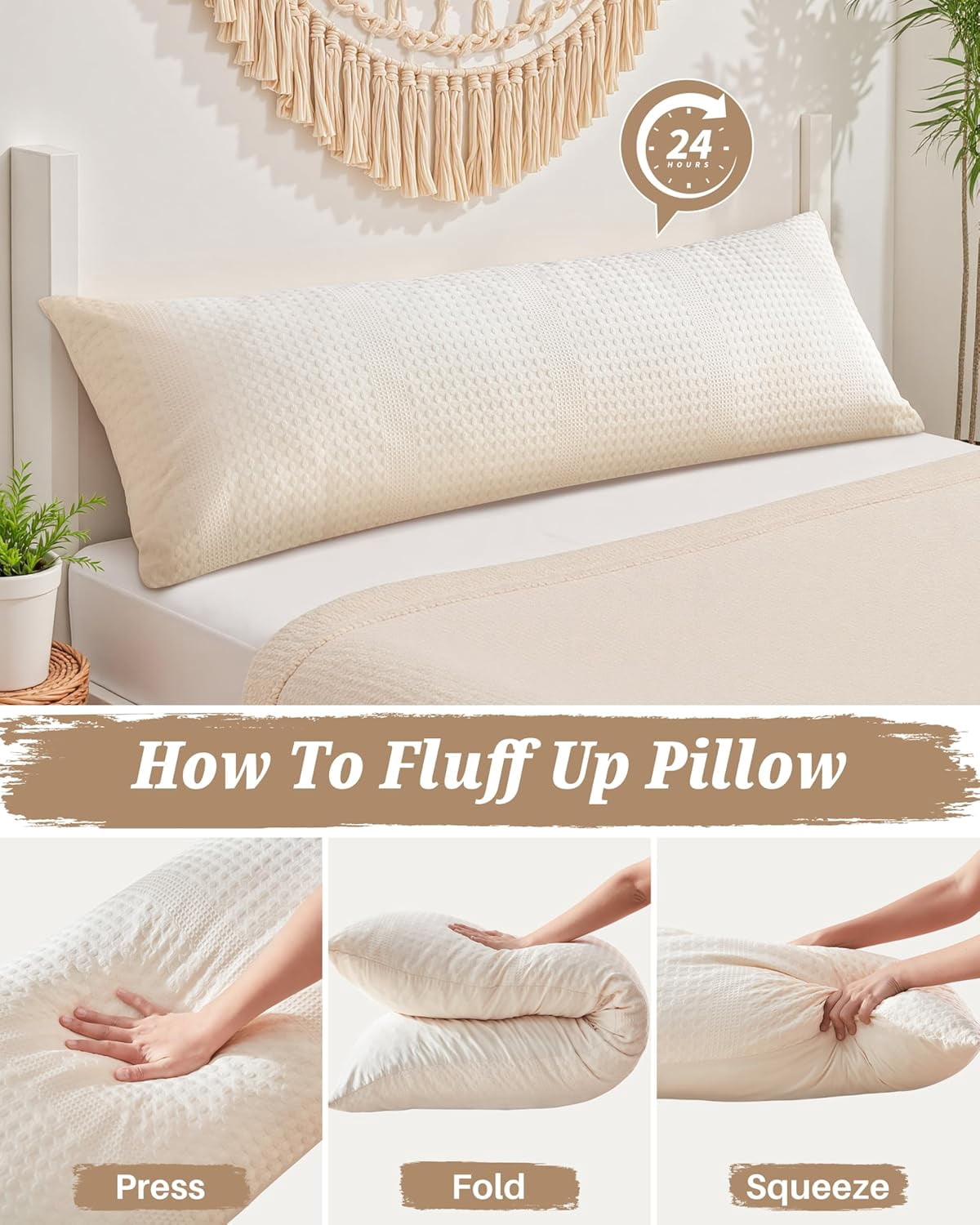 Nalqet Waffle Weave Body Pillow Decorative Lumbar Pillow 20x54 inch – Soft Polyester Memory Foam Long Pillow for Side Sleepers, Washable, Beige