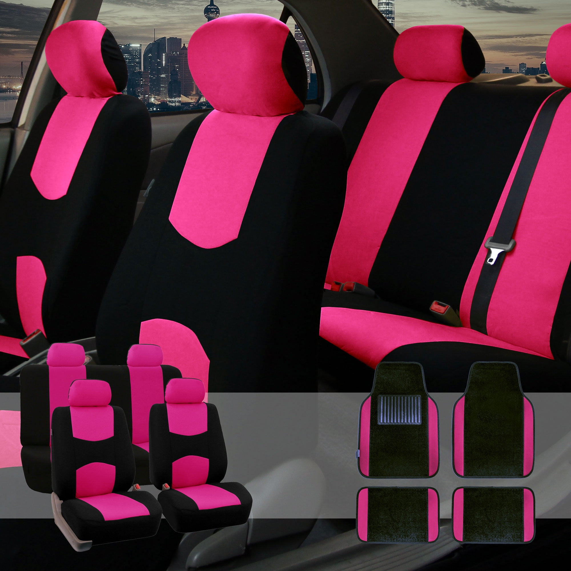 Black & Pink Car Seat Covers w/ Split Bench & Light Pink Two Tone Carpet Floor Mats Full Set 