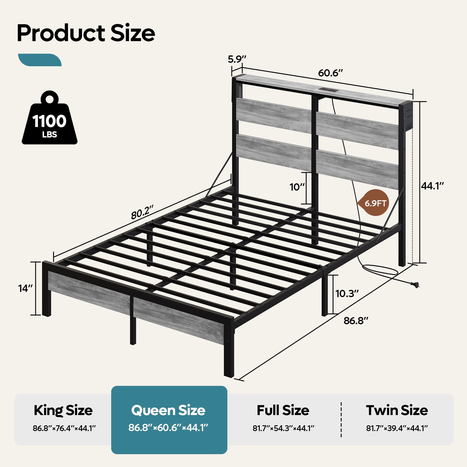 Bestier Queen Size Platform Bed Frame with Storage Headboard, LED Lights & USB Charging Station, Metal Bed Frame Grey