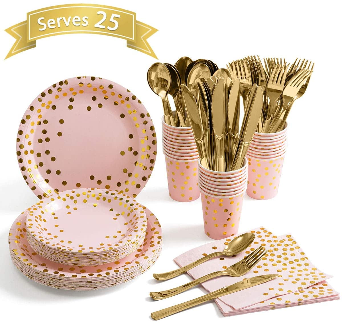 25 Spoons,25 Knives 25 Cups,25 Napkins for Wedding & Party & Shower 25 Forks Morejoy 175pcs Pink Gold Plastic Plates-Pink Disposable Plates include: 25 Dinner Plates,25 Dessert Plates 
