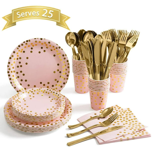 Pink and Gold Party Supplies Disposable Dinnerware Set Serves 25 Gold