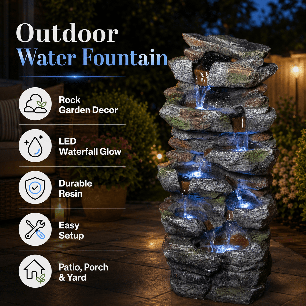 Aukfa Outdoor Rock Water Fountain with LED Lights, Resin Cascading Waterfall Feature for Patio Backyard Lawn,Gray
