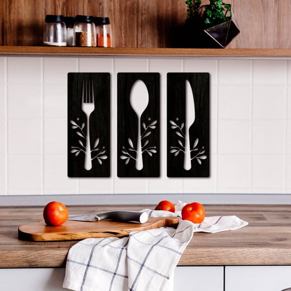 MEIBUTYUP 1 Set Fork and Spoon Wall Decor Sign Wood Black Kitchen Dining Room Home Decoration