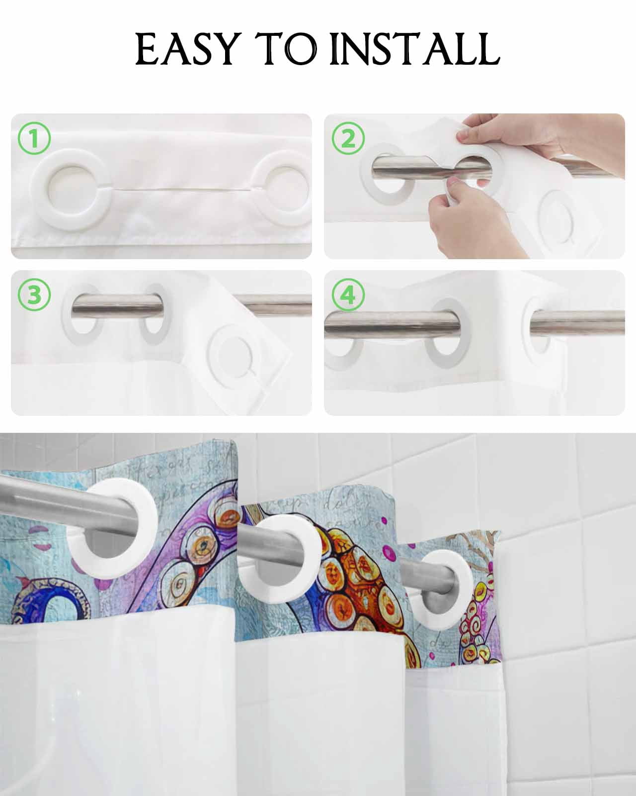 No Hook Shower Curtain with Snap in Liner, Watercolor Summer Ocean Octopus Blue Hotel Shower Curtains for Bathroom, Washable Shower Curtain Liner Set with Mesh Top Window, 36"x78"