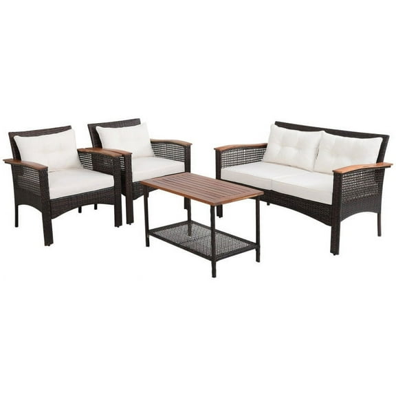 Barara King Outdoor Collection Set, 4 Pieces Patio Rattan Acacia Wood Furniture Set with Cushions and Armrest, Patio Conversation Table Chair Set