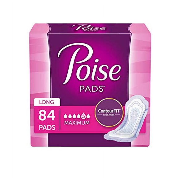 Poise Incontinence Pads, Maximum Absorbency, Long, 84 Count (2 Packs of 42) (Packaging May Vary)