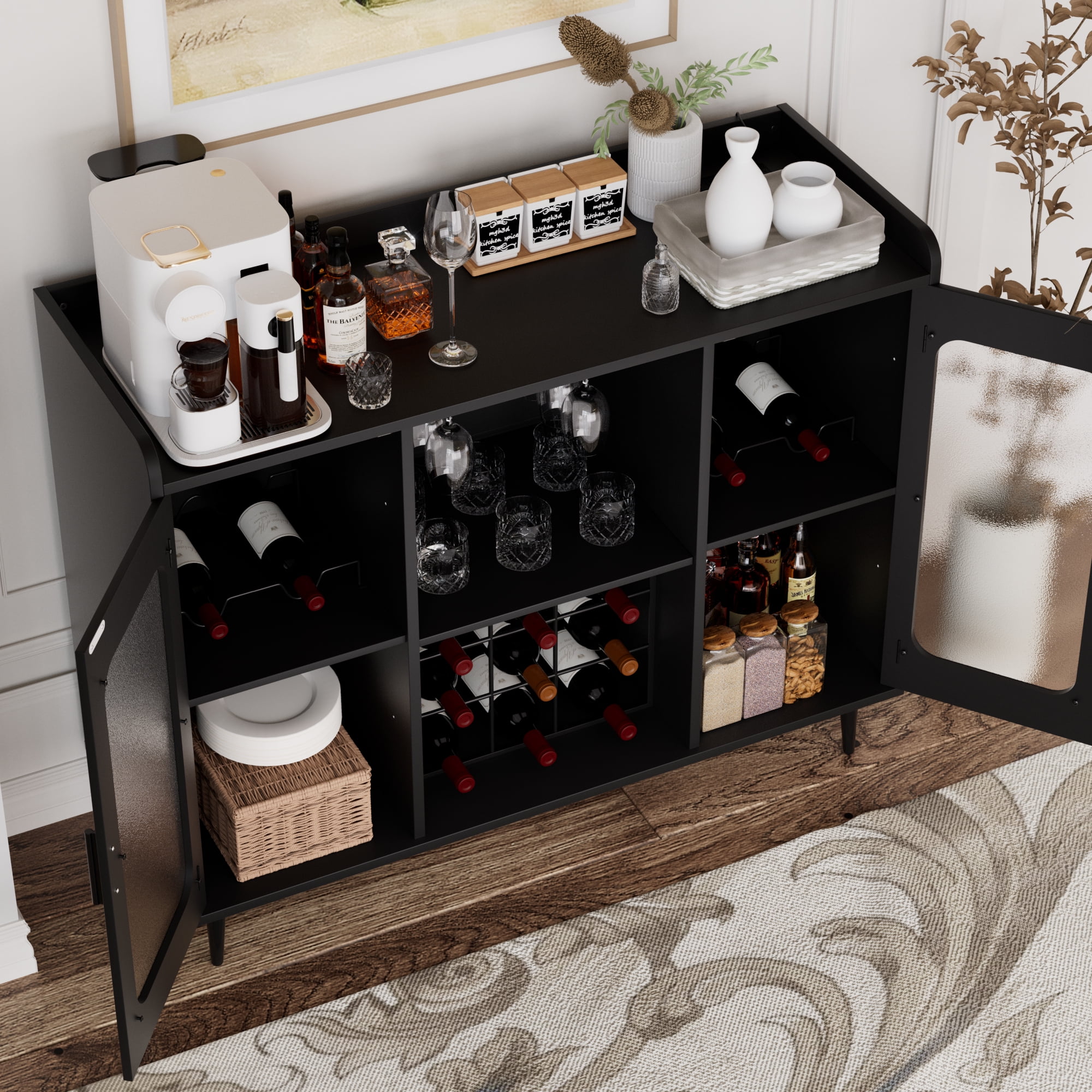 Homieasy Assembled Wine Bar Cabinet with Power Outlet and LED Lights, Wood Black