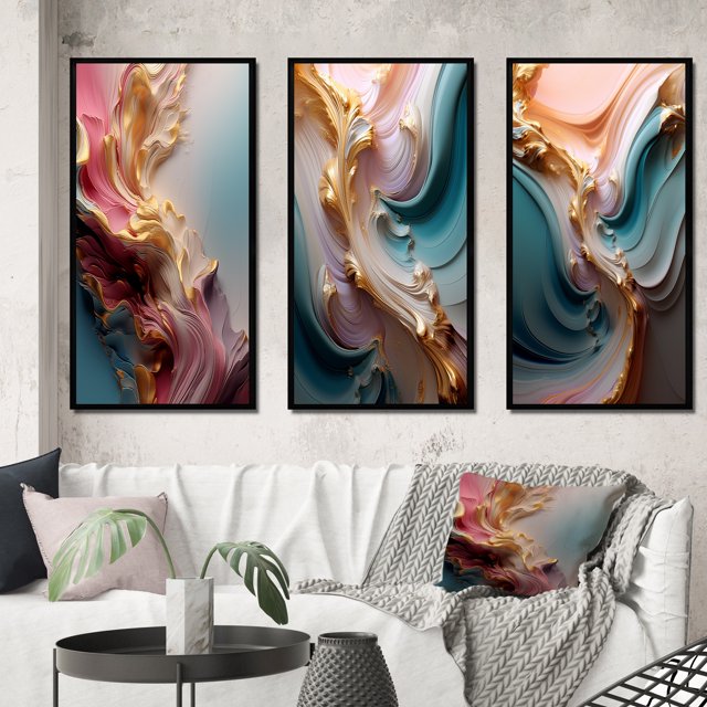 Designart "Exquisite Wave Symphony Liquid Gold and Pink IV" Abstract Shapes Framed Wall Art Set Of 3 - Gold Transitional Frame Canvas Set For Living Room Decor