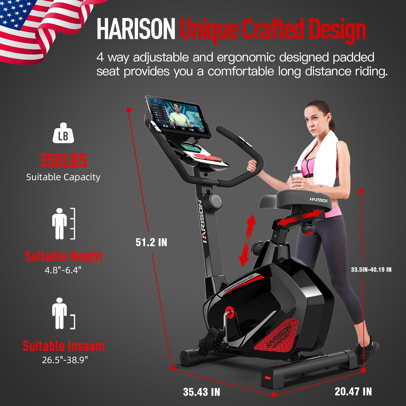 HARISON Magnetic Exercise Bike for Home, 350 LBS Capacity, Bluetooth Stationary Bike with 2-in-1 LCD Display, Tablet Holder & Comfort Seat