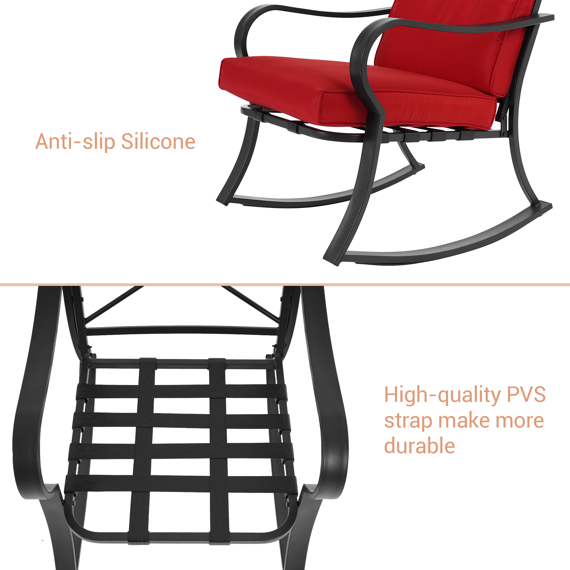 Outdoor Lounge Chair Courtyard Rocking Chair 3-Piece Steel Frame Outdoor Furniture Sets Thick Cushion Red Double Armchair Deck Backyard Bistro Set - image 2 of 8