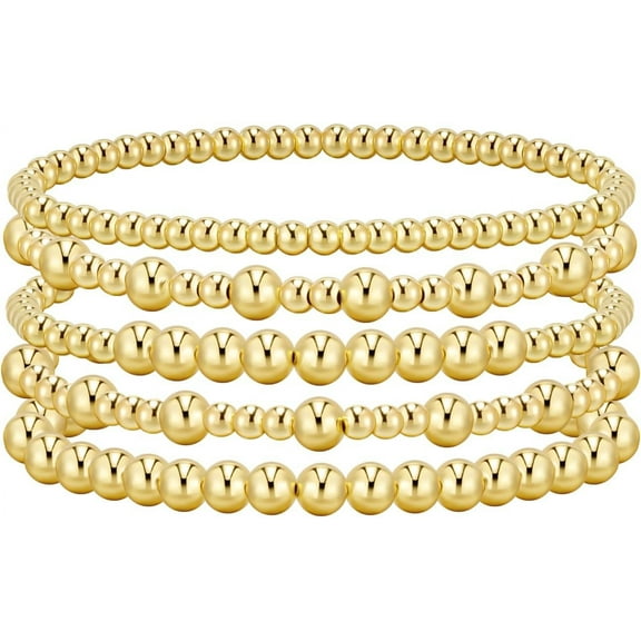 Gold Bracelets For Women Beaded Bracelet 14K Gold Plated Bracelet Stack Strand Stretch Bead Ball Bracelet Set Stackable Bracelet Adjustable Bracelet Set Jewelry For Gifts[o498]