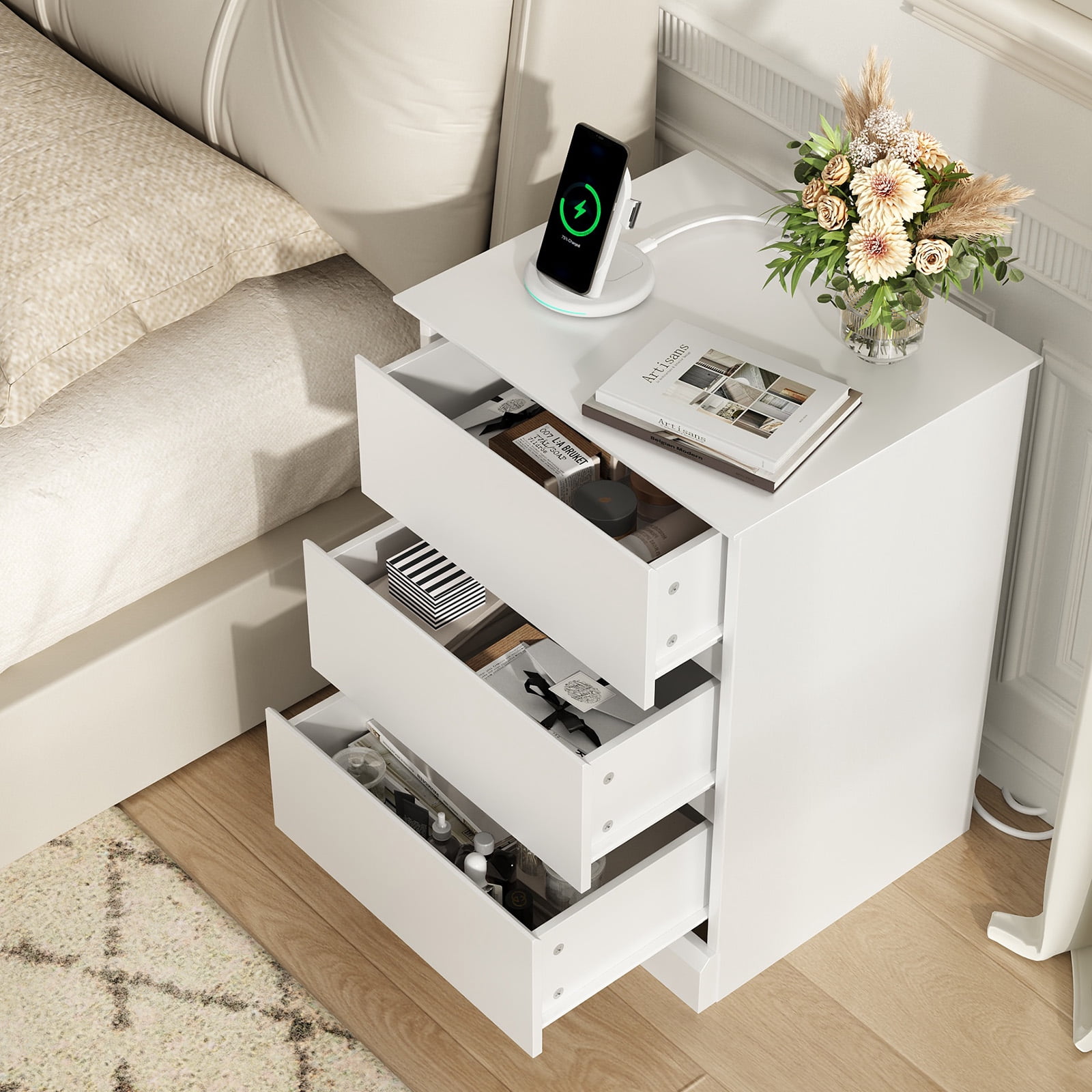Nightstand Set of 2 with Charging Station, 3 Drawers Nightstand Modern Bedside Table End Table for Bedroom Living Room, White