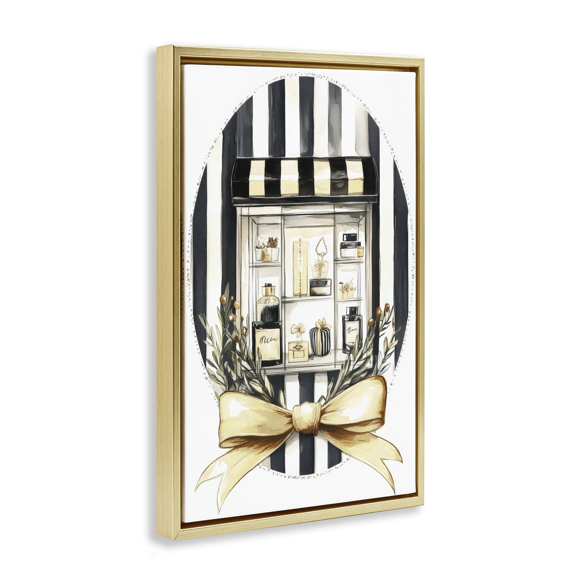 Stupell Industries Maison Perfume Window Display Gold Framed Floater Canvas Wall Art, design by Petal Prints Design