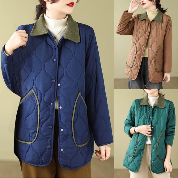 Lovskoo Womens Winter Coats Quilted Jacket Comfortable Patchwork Button Pocket Solid Color Long Sleeve Turndown Collar Hoodless Casual Outwear Cotton Padded Outerwear Dark Blue
