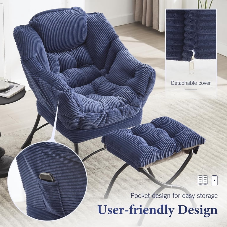 MOONMISS Corduroy Oversized Lazy Chair Set of 2 with Ottoman, Navy photo 6
