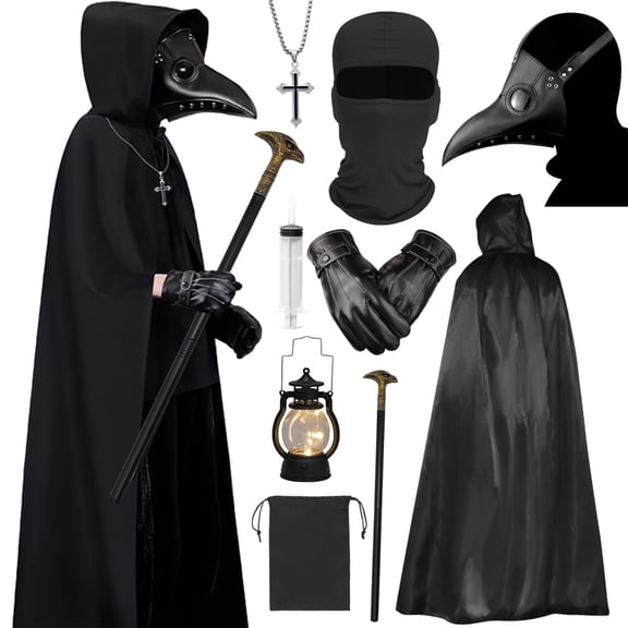 Forfamy Plague Doctor Halloween Costume Adult Men, Scary Halloween Costumes Dress Plague Doctor Mask Cosplay Props Role Play Party 9Pcs Set