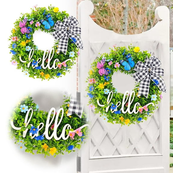 18" Artificial Eucalyptus Wreath for Front Door, Spring/Summer Colorful Silk Floral Wreath with Daisy and Bow for Home Wall, Wedding, and Year-Round Farmhouse Indoor Outdoor Decor