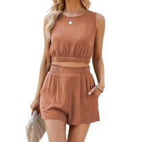 FIOPHY Womens Summer Two Piece Outfits Linen Sleeveless Crop Tank Tops and High Waisted Shorts Casual Sets