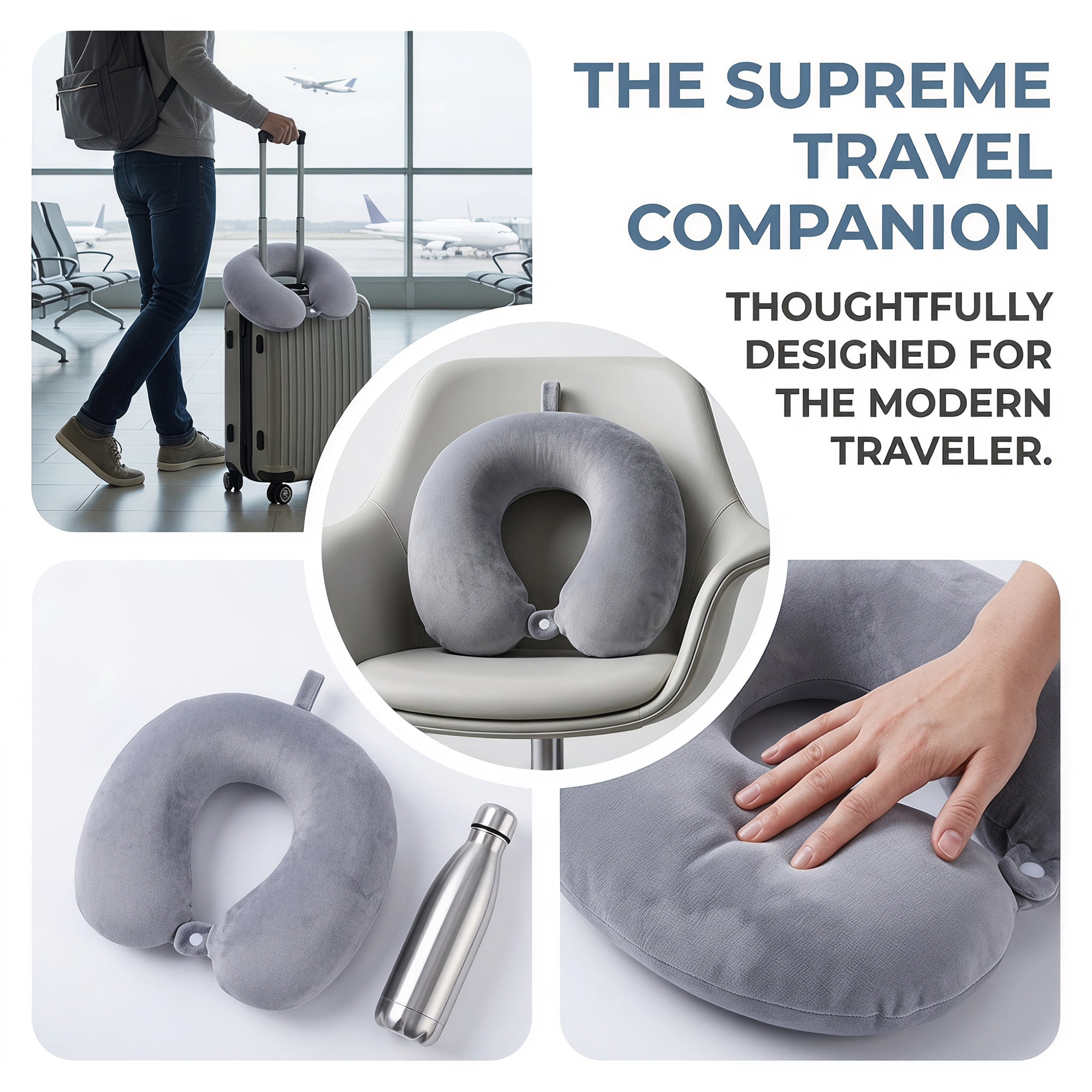 Unique Bargains Memory Foam Travel U Shape Neck Pillow Snap Closure Light Gray 12"x12"x4"