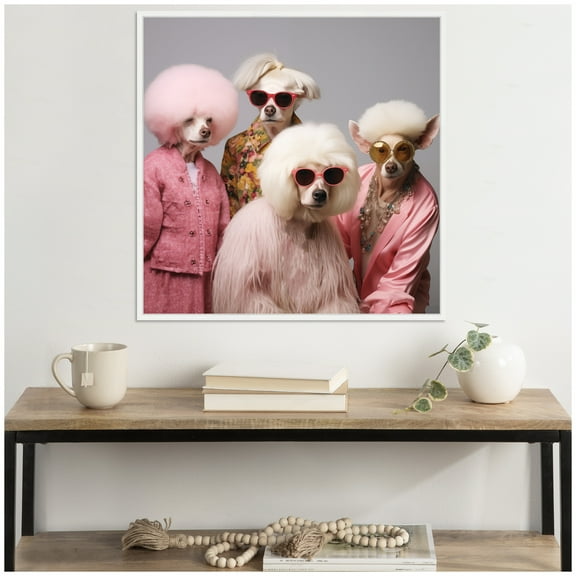 Kate and Laurel Sylvie Golden Lady Dogs Framed Canvas Wall Art by The Creative Bunch Studio 30 x 30 White, Whimsical, Animals, Entertainment, Humor Art for Wall Decor, Living Room, Bedroom